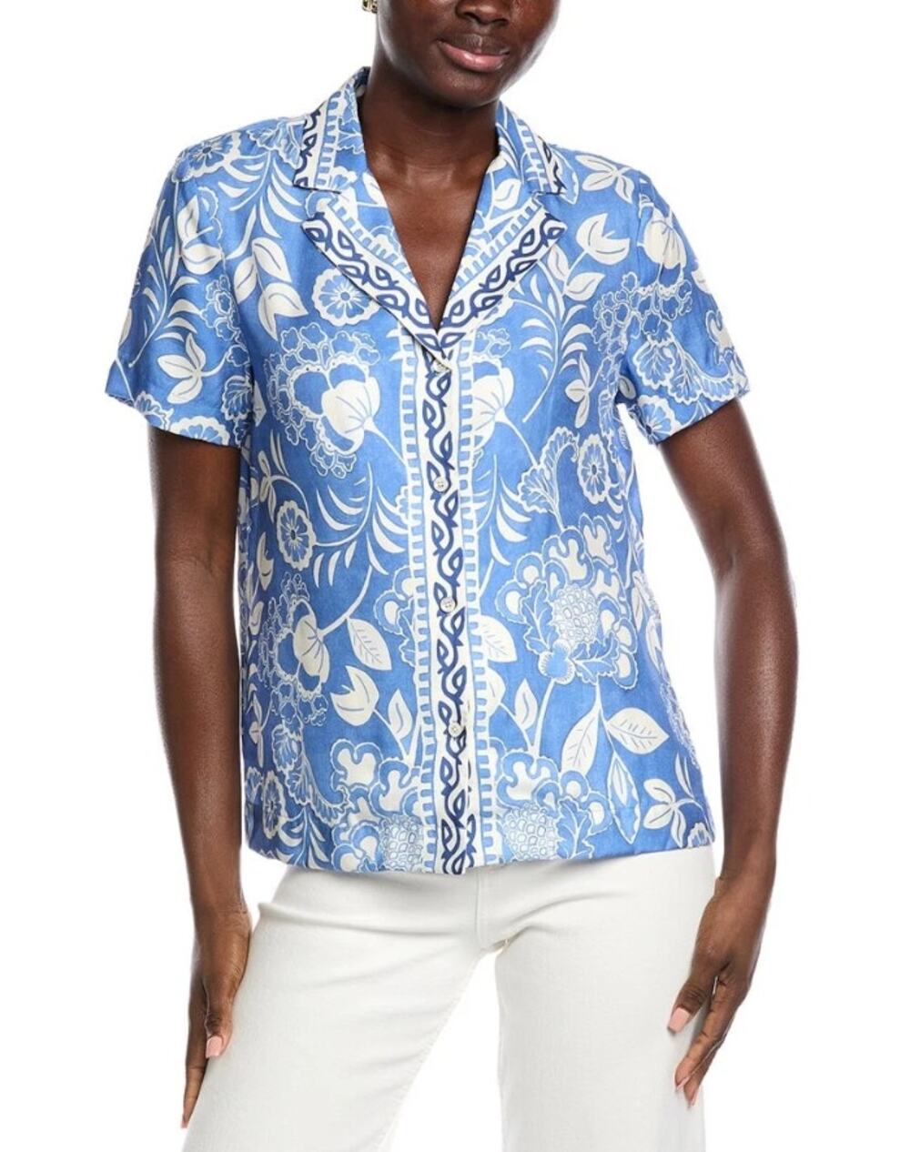 J. McLaughlin Bimini Blouse Button Front Silk Blend Printed White & Blue Size XL